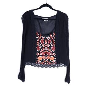 IDYLLWIND Miranda Lambert Black Embroidered Blouse Scallop Lace Trim Women's L